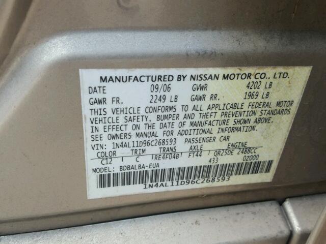 1N4AL11D96C268593 - 2006 NISSAN ALTIMA SILVER photo 10