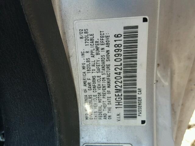 1HGEM22042L099816 - 2002 HONDA CIVIC EX ვერცხლისფერი ფოტო 10