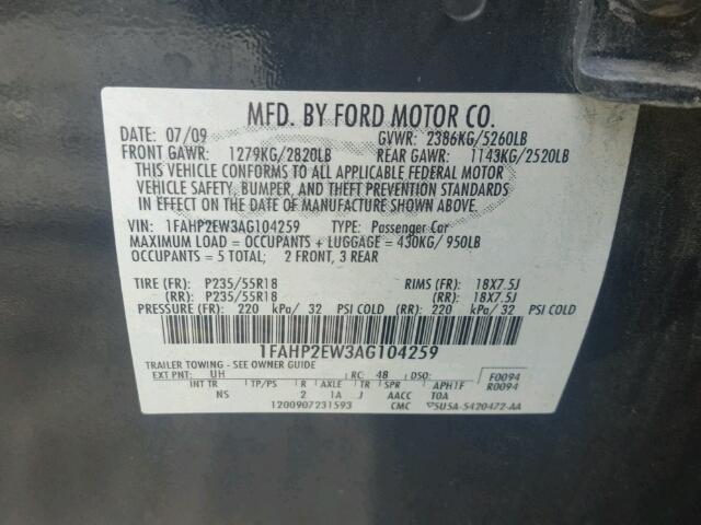 1FAHP2EW3AG104259 - 2010 FORD TAURUS SEL BLACK photo 10