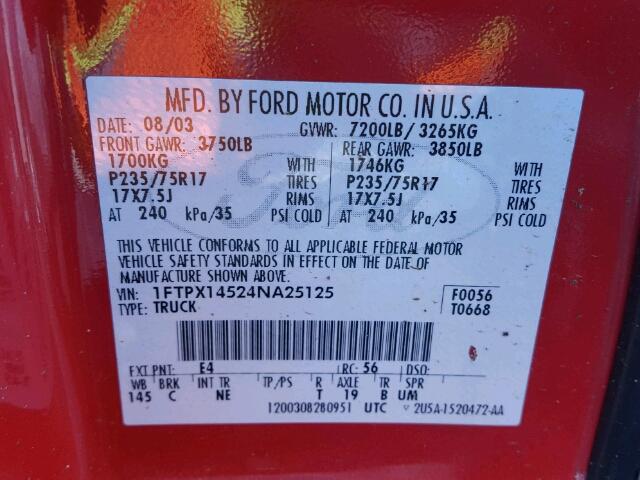 1FTPX14524NA25125 - 2004 FORD F150 RED photo 10