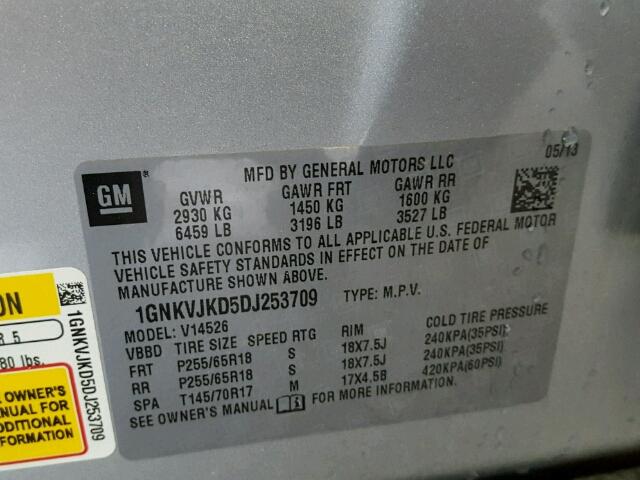 1GNKVJKD5DJ253709 - 2013 CHEVROLET TRAVERSE SILVER photo 10