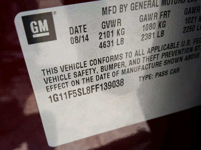 1G11F5SL8FF139038 - 2015 CHEVROLET MALIBU LTZ 勃艮第红 照片 10