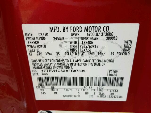 1FTEW1C8XAFB87399 - 2010 FORD F150 RED photo 10