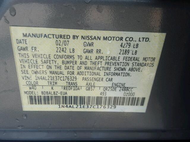 1N4AL21E37C176329 - 2007 NISSAN ALTIMA SILVER photo 10