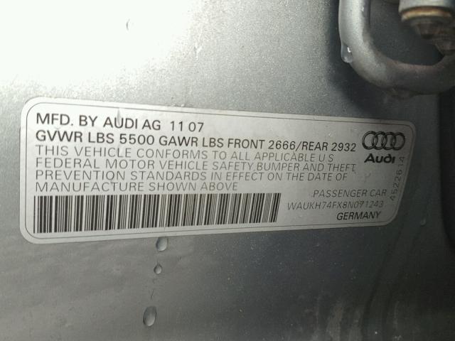 WAUKH74FX8N071243 - 2008 AUDI A6 AVANT Q SILVER photo 10