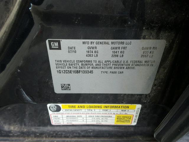 1G1ZC5E16BF139345 - 2011 CHEVROLET MALIBU 1LT 黑色 照片 10