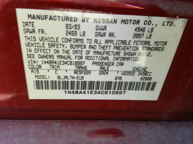 1N4BA41E34C810997 - 2004 NISSAN MAXIMA SE RED photo 10