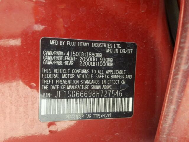 JF1SG66698H727546 - 2008 SUBARU FORESTER S 红色 照片 10