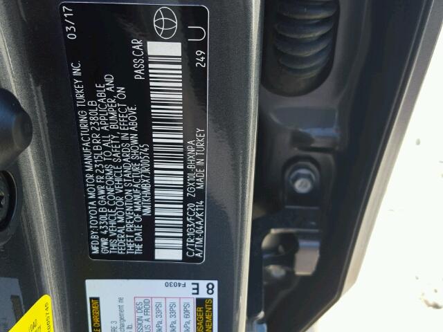 NMTKHMBX7JR005745 - 2018 TOYOTA C-HR XLE GRAY photo 10