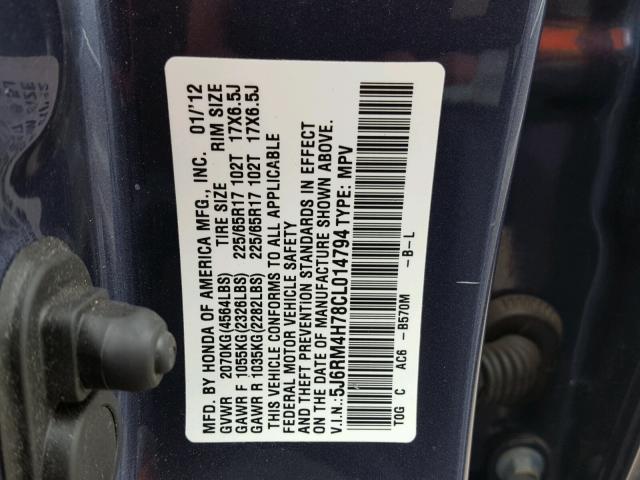 5J6RM4H78CL014794 - 2012 HONDA CR-V EXL BLUE photo 10