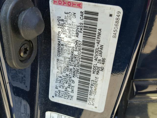 JTDBE32K020036557 - 2002 TOYOTA CAMRY LE ლურჯი ფოტო 10