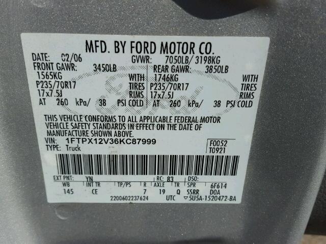 1FTPX12V36KC87999 - 2006 FORD F150 SILVER photo 10