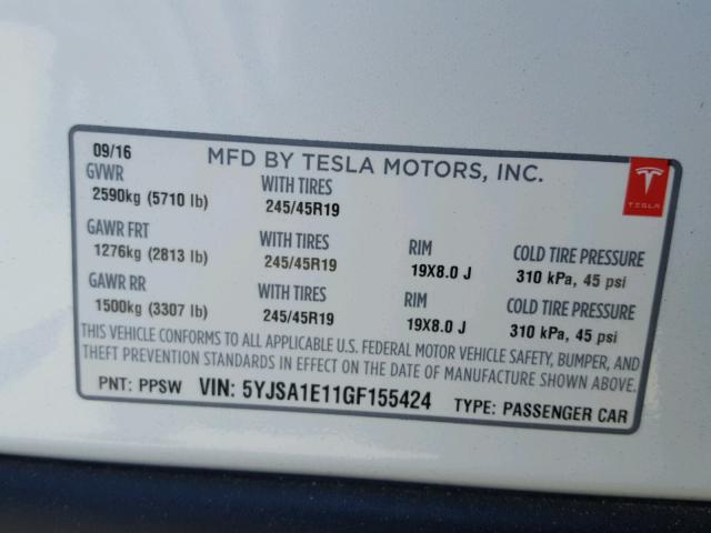 5YJSA1E11GF155424 - 2016 TESLA MODEL S Ağ foto 10