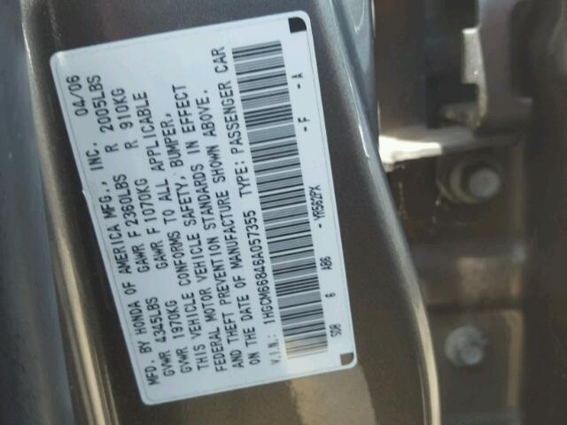 1HGCM66846A057355 - 2006 HONDA ACCORD EX GRAY photo 10