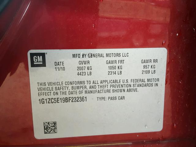 1G1ZC5E19BF232361 - 2011 CHEVROLET MALIBU 1LT მუქწითელი ფოტო 10