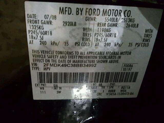 2FMDK49C38BB34992 - 2008 FORD EDGE BLACK photo 10