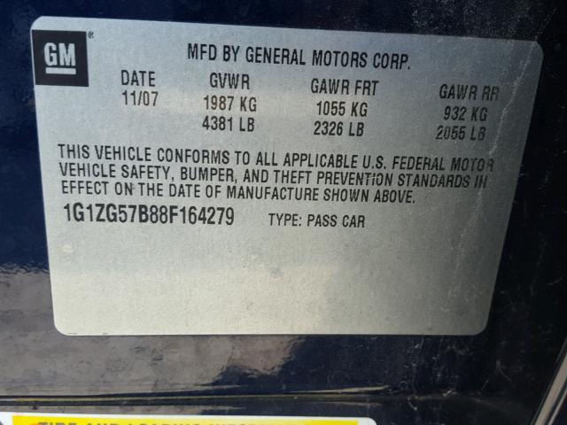 1G1ZG57B88F164279 - 2008 CHEVROLET MALIBU LS Mavi foto 10