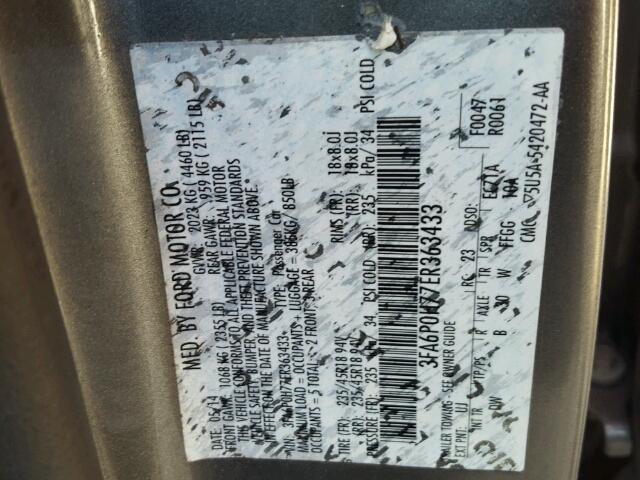 3FA6P0H77ER363433 - 2014 FORD FUSION SE GRAY photo 10