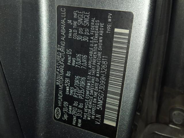 5NMSG73D99H326811 - 2009 HYUNDAI SANTA FE GRAY photo 9