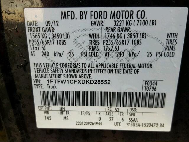 1FTFW1CFXDKD28552 - 2013 FORD F150 SUPER BLACK photo 10