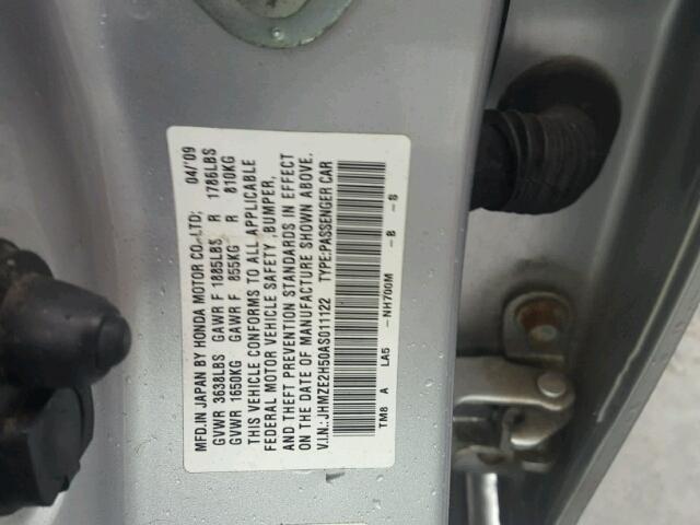 JHMZE2H50AS011122 - 2010 HONDA INSIGHT LX SILVER photo 10