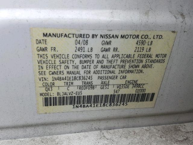 1N4BA41E18C836245 - 2008 NISSAN MAXIMA SE WHITE photo 10