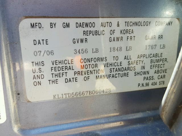 KL1TD56667B060428 - 2007 CHEVROLET AVEO BASE Теңіз түсті фото 10