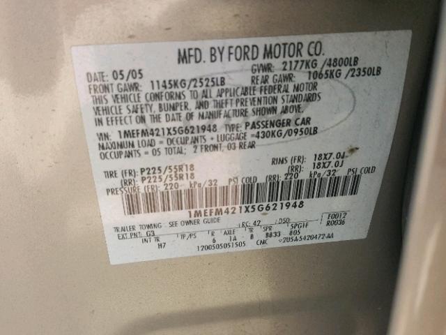 1MEFM421X5G621948 - 2005 MERCURY MONTEGO PR 金色 照片 10