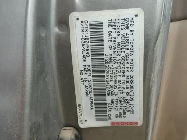 JT2BG22K5Y0412806 - 2000 TOYOTA CAMRY GRAY photo 10