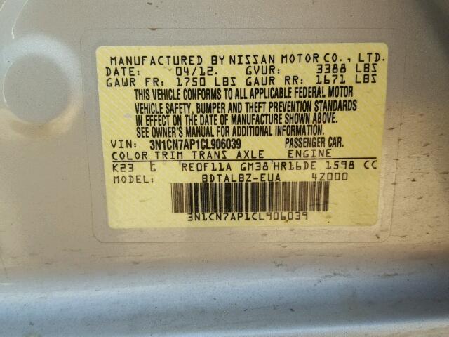 3N1CN7AP1CL906039 - 2012 NISSAN VERSA S 银色 照片 10