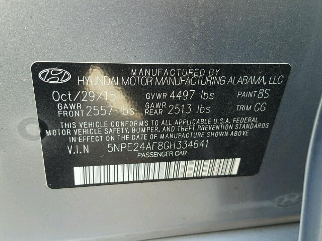 5NPE24AF8GH334641 - 2016 HYUNDAI SONATA SE GRAY photo 10