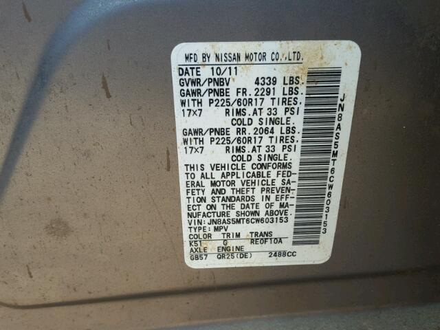 JN8AS5MT6CW603153 - 2012 NISSAN ROGUE GRAY photo 10