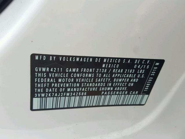 3VW2K7AJ2FM342586 - 2015 VOLKSWAGEN JETTA BASE WHITE photo 10