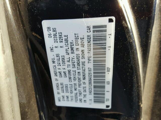 1HGCS12868A025167 - 2008 HONDA ACCORD EXL BLACK photo 10
