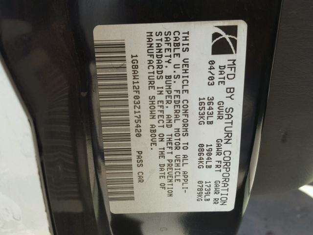 1G8AW12F03Z175420 - 2003 SATURN ION LEVEL SILVER photo 10