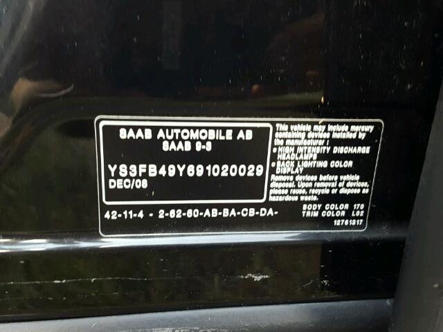 YS3FB49Y691020029 - 2009 SAAB 9-3 BLACK photo 10