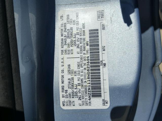 4N2ZN1118WD823604 - 1998 NISSAN QUEST XE BLUE photo 10