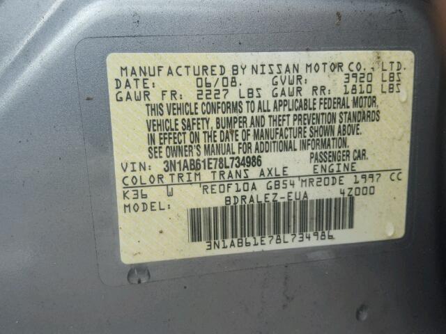 3N1AB61E78L734986 - 2008 NISSAN SENTRA 2.0 GRAY photo 10