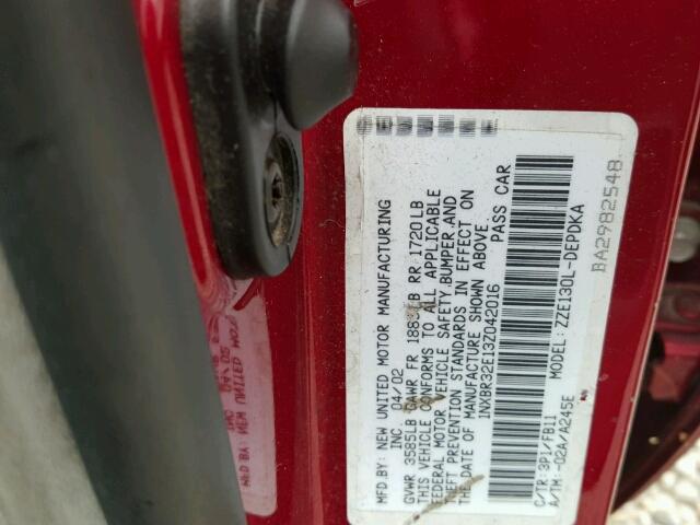 1NXBR32E13Z042016 - 2003 TOYOTA COROLLA CE RED photo 10