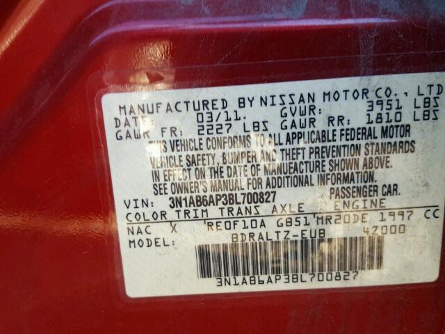 3N1AB6AP3BL700827 - 2011 NISSAN SENTRA RED photo 10