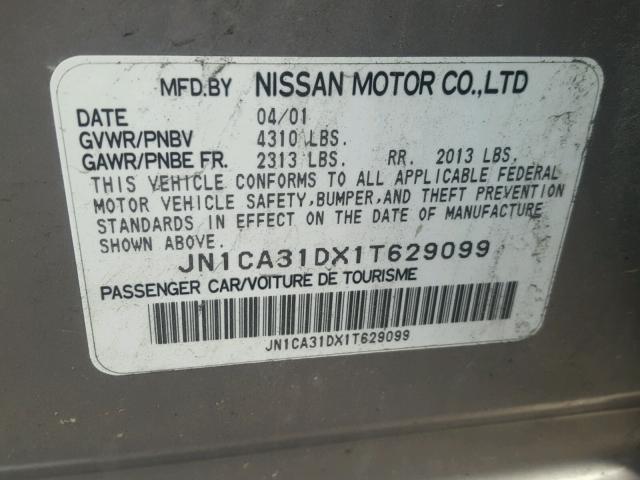 JN1CA31DX1T629099 - 2001 NISSAN MAXIMA GXE GRAY photo 10