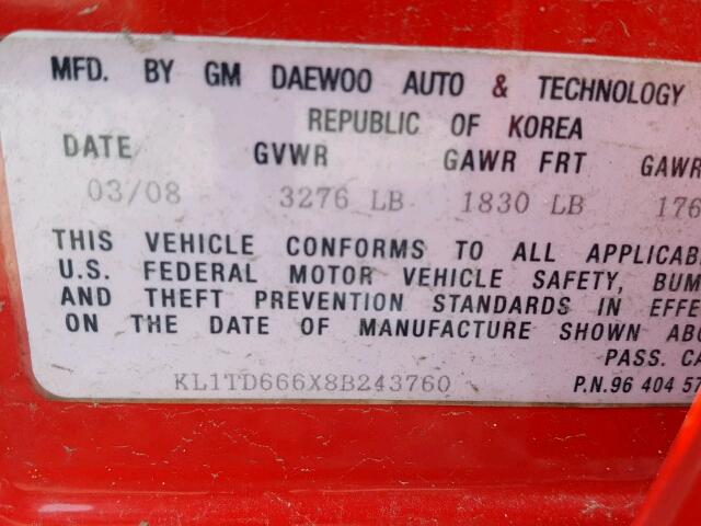 KL1TD666X8B243760 - 2008 CHEVROLET AVEO BASE Қызыл фото 10