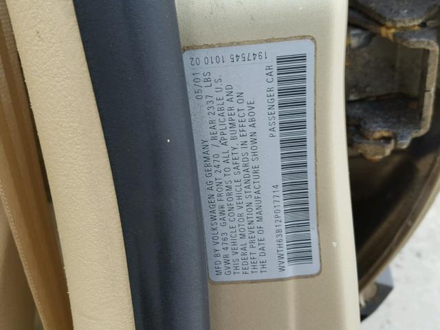 WVWTH63B12P017714 - 2002 VOLKSWAGEN PASSAT GLX GOLD photo 10