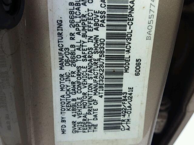 4T1BE32K23U758330 - 2003 TOYOTA CAMRY LE GOLD photo 10