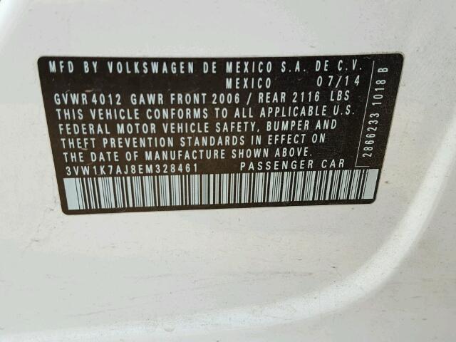 3VW1K7AJ8EM328461 - 2014 VOLKSWAGEN JETTA BASE თეთრი ფოტო 10
