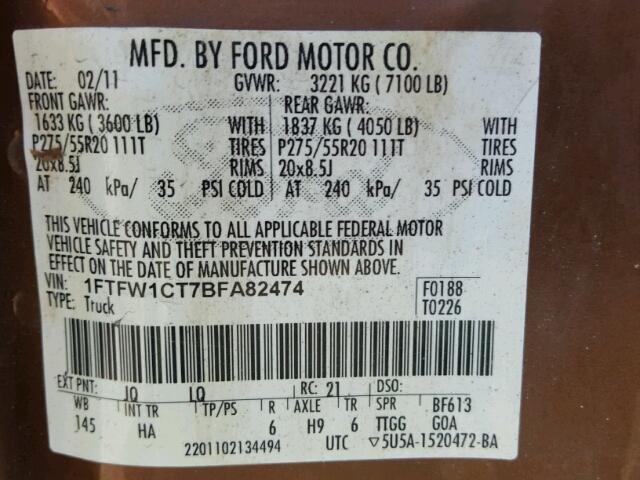 1FTFW1CT7BFA82474 - 2011 FORD F150 SUPER BROWN photo 10