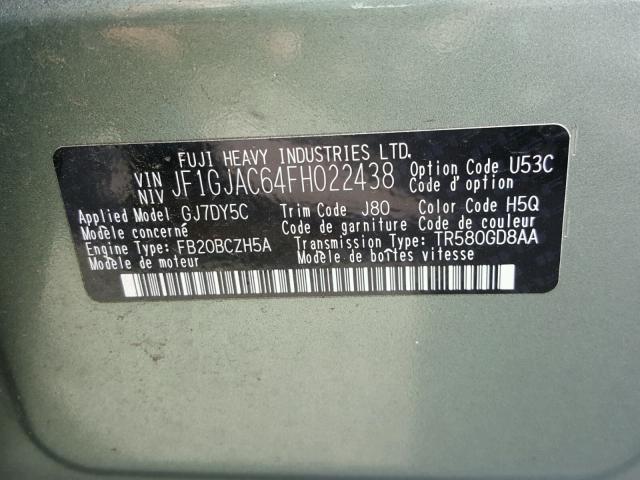 JF1GJAC64FH022438 - 2015 SUBARU IMPREZA PR GREEN photo 10