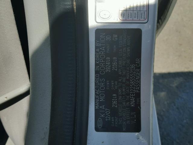 KNAFE122585552136 - 2008 KIA SPECTRA EX SILVER photo 10