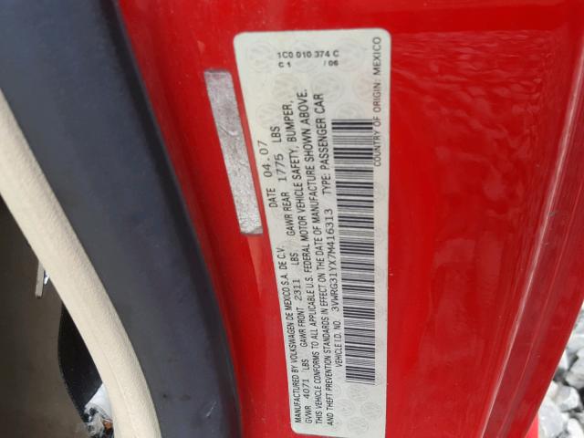 3VWRG31YX7M416313 - 2007 VOLKSWAGEN NEW BEETLE 红色 照片 10