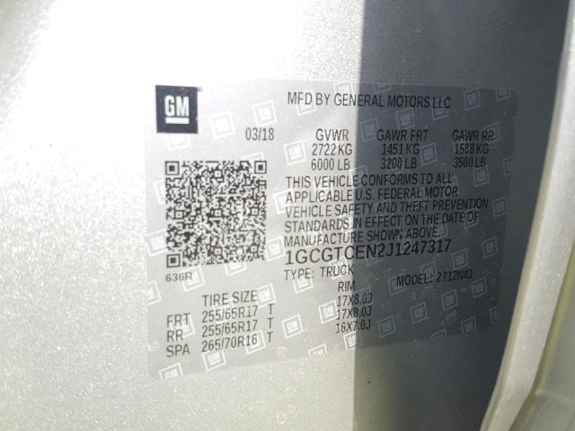 1GCGTCEN2J1247317 - 2018 CHEVROLET COLORADO L SILVER photo 10